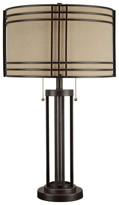 Add a touch of rustic industrial style to your decor with this eye-catching table lamp. Its drum shade and decorative metal frame bring an appealing touch to your home. A dark brown finish complements the shade-'s lighter neutral color, making this lamp i