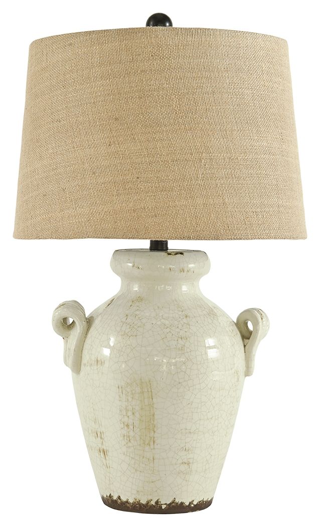 This table lamp illuminates with vintage-inspired style. Antiqued cream glazed ceramic base boasts a crackle effect. Vase shape with the appearance of handles sits beautifully on end table. Perfect for farmhouse and cottage chic spaces.<br><br><b>Addition