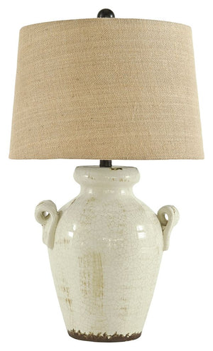 This table lamp illuminates with vintage-inspired style. Antiqued cream glazed ceramic base boasts a crackle effect. Vase shape with the appearance of handles sits beautifully on end table. Perfect for farmhouse and cottage chic spaces.<br><br><b>Addition