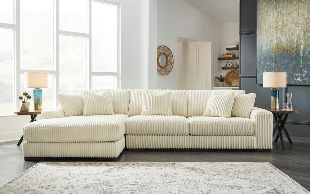 Plush and posh. Showcase your eye for on-trend texture with the statement-making cord upholstery of this sectional with chaise. Its stunningly soft fabric entices in an ivory hue, complementing contemporary color palettes. Sink into the cushions and plan 