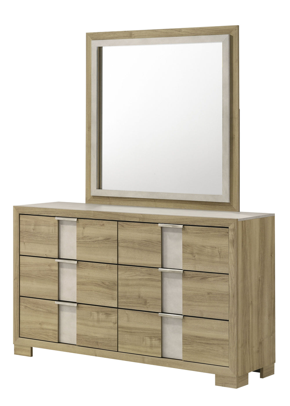 This bedroom set encapsulates modern minimalism, rendered in a soothing, natural wood finish that brings an organic, airy feel to any bedroom. The clean-lined bed boasts a broad headboard that stands as a subtle statement piece with integrated lighting. A