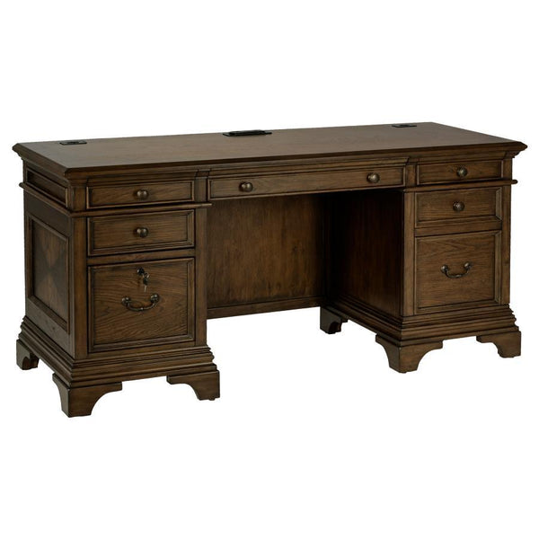 Get creative in how you use and style this attractive Credenza. Its warm burnished oak finish enhances its frame while supported on bracket style legs. Plenty of storage is found within its felt-lined top drawers. Removable dividers allow for extra organi