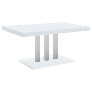 Sleek lines and smooth materials come together to create this ultra-modern dining table. Designed with a spacious rectangular top in a white high gloss finish that lends a polished, formal flair, this dining table offers up a chic style to formal entertai