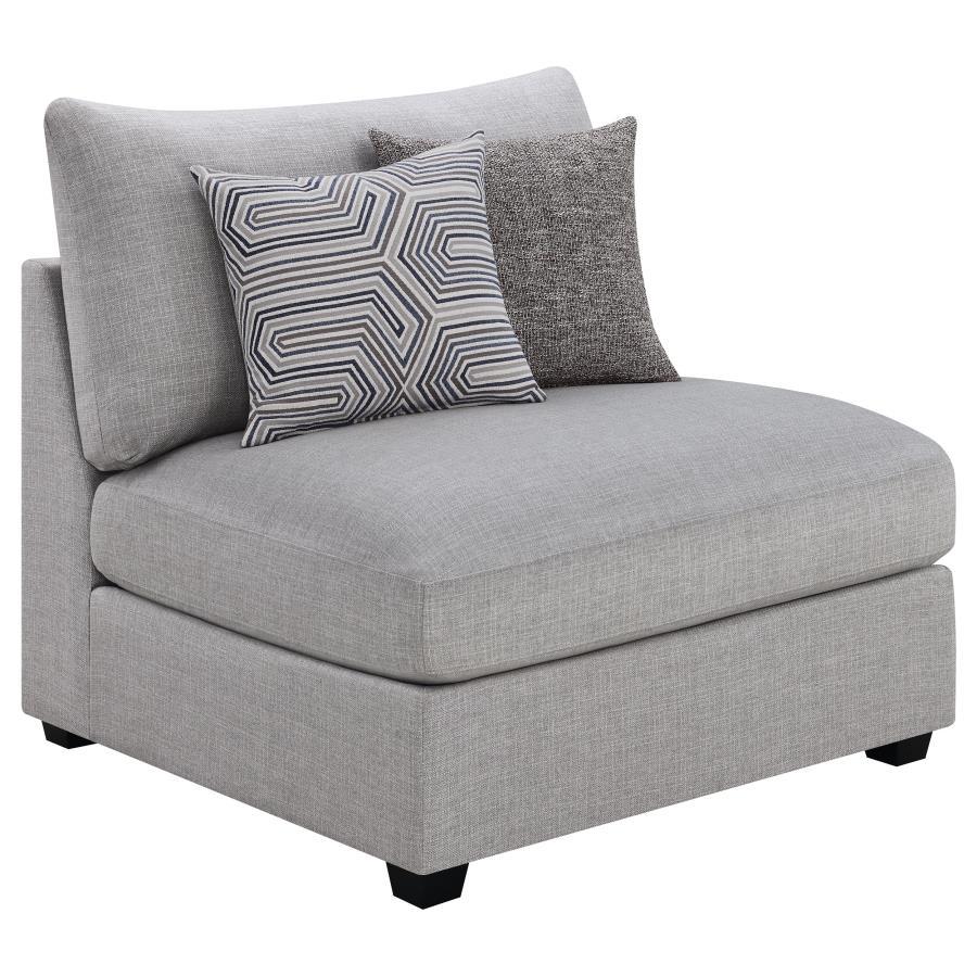 With a simple silhouette, this modern armless chair showcases contemporary design. Great for a neutral or colorful space, the light grey fabric upholstery complements a variety of decor schemes. The modular design allows for a customizable sofa or section