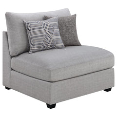 With a simple silhouette, this modern armless chair showcases contemporary design. Great for a neutral or colorful space, the light grey fabric upholstery complements a variety of decor schemes. The modular design allows for a customizable sofa or section