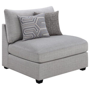 With a simple silhouette, this modern armless chair showcases contemporary design. Great for a neutral or colorful space, the light grey fabric upholstery complements a variety of decor schemes. The modular design allows for a customizable sofa or section