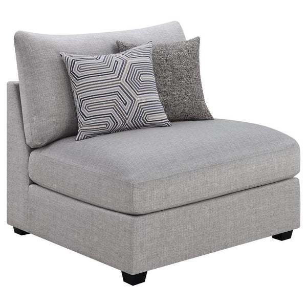 With a simple silhouette, this modern armless chair showcases contemporary design. Great for a neutral or colorful space, the light grey fabric upholstery complements a variety of decor schemes. The modular design allows for a customizable sofa or section