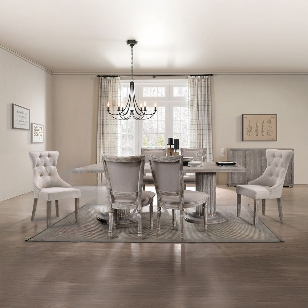 Ideal for a sophisticated dining area, the Gabrian dining collection and its beautifully artistic accents will transform a conventional room into a luxurious dining space. The table features a spectacular double pedestal base with fluted column design typ