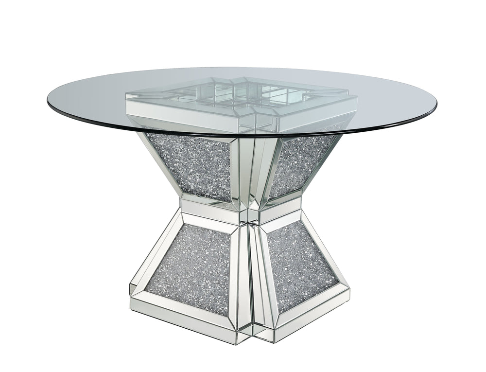 Noralie - Dining Table - Clear Glass, Mirrored & Faux Diamonds - 52-"Dia x 31<br/><br/><b>Product Features</b><ul><li>Hourglass Pedestal</li><li>12mm Clear Tempered Glass Top</li><li>Criss Cross Ring Pedestal</li><li>Mirrored Pedestal</li><li>Faux Dimanon