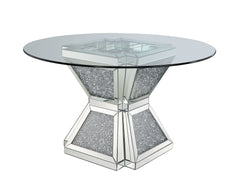 Noralie - Dining Table - Clear Glass, Mirrored & Faux Diamonds - 52-"Dia x 31<br/><br/><b>Product Features</b><ul><li>Hourglass Pedestal</li><li>12mm Clear Tempered Glass Top</li><li>Criss Cross Ring Pedestal</li><li>Mirrored Pedestal</li><li>Faux Dimanon