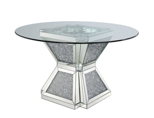 Noralie - Dining Table - Clear Glass, Mirrored & Faux Diamonds - 52-"Dia x 31<br/><br/><b>Product Features</b><ul><li>Hourglass Pedestal</li><li>12mm Clear Tempered Glass Top</li><li>Criss Cross Ring Pedestal</li><li>Mirrored Pedestal</li><li>Faux Dimanon