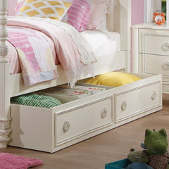 KD, Trundle (Twin Bed) Roll-Out (Caster Wheels) May be used on either side of the bed Wood Frame, 3 Slats, Bottom Panel: Wide Boards: Faux Drawer Front Panel Hardware: 2 Ring Handles