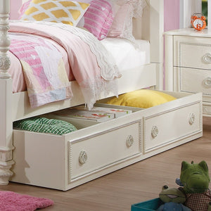 KD, Trundle (Twin Bed) Roll-Out (Caster Wheels) May be used on either side of the bed Wood Frame, 3 Slats, Bottom Panel: Wide Boards: Faux Drawer Front Panel Hardware: 2 Ring Handles