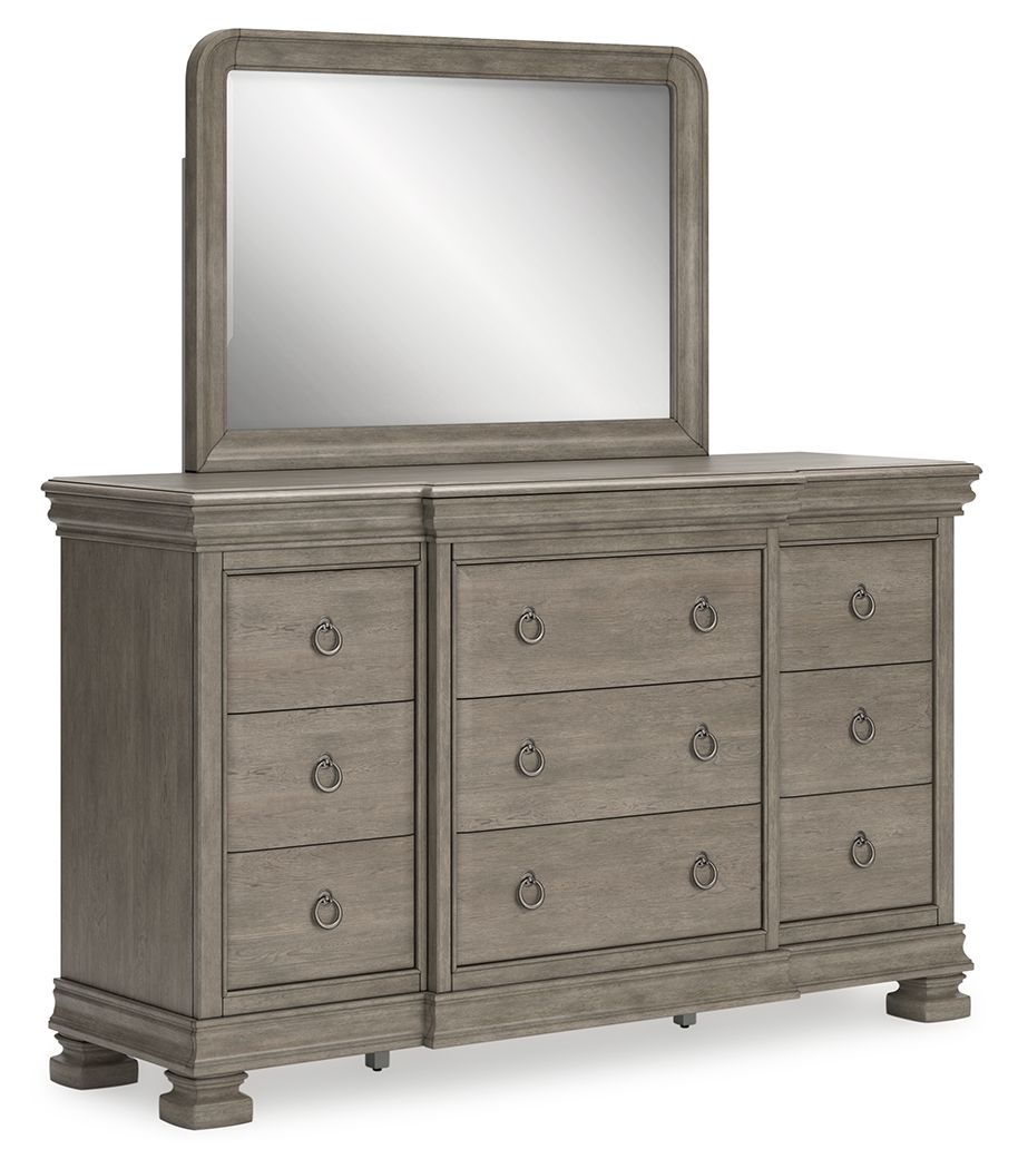 Traditional design motifs, redefined for todayâ€™s trends. Inspired by timeless Louis Philippe styling, this dresser with mirror is distinguished by its stunning attention to detail. Youâ€™ll find the light gray finish encourages an attitude of laid-back 