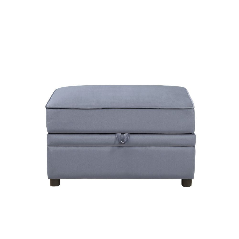 Rectangular Ottoman w/Storage (Backless) â€¢ Storage: Lift Lid-Seat (Safety Hinge) â€¢ Padded Seat/Base â€¢ Construction: Inside Frame Wood, Foam, Box Seat Cushion w/Welt Trim, Seat Cushion: 7 Inches H â€¢ Material: Gray Velvet (Solid Pattern) â€¢ Plastic