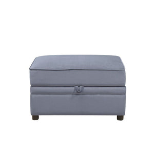 Rectangular Ottoman w/Storage (Backless) â€¢ Storage: Lift Lid-Seat (Safety Hinge) â€¢ Padded Seat/Base â€¢ Construction: Inside Frame Wood, Foam, Box Seat Cushion w/Welt Trim, Seat Cushion: 7 Inches H â€¢ Material: Gray Velvet (Solid Pattern) â€¢ Plastic
