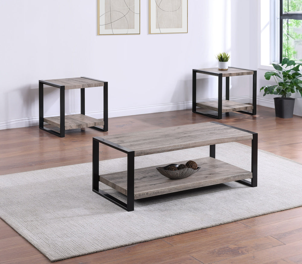 Redefine your living space with this modern industrial cocktail table set, perfect for the contemporary home. Featuring a striking combination of weathered wood and sleek black metal finishes, this set exudes an edgy, yet refined aesthetic. The spacious t