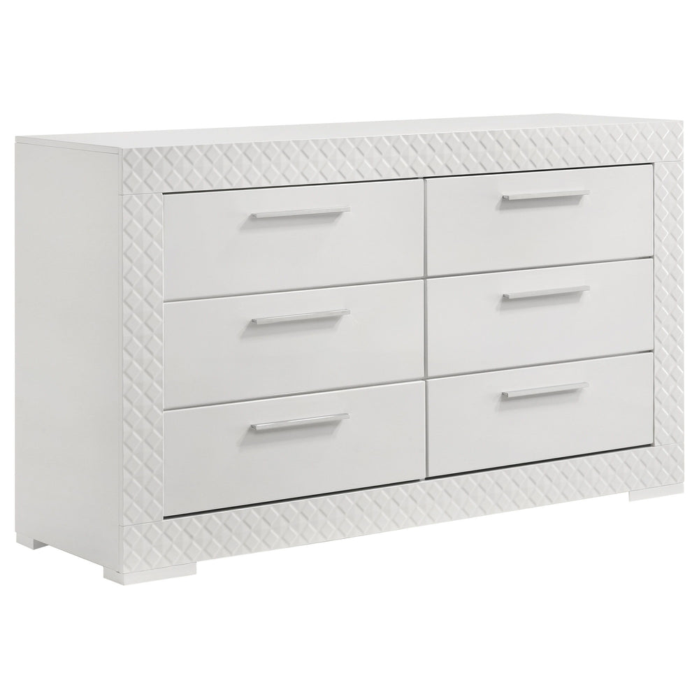 Elevate your bedroom decor with this stunning dresser, designed for both beauty and function. The high gloss finish enhances the contemporary Italian style, while the 3-dimensional diamond tile emboss adds a touch of sophistication. Six spacious drawers o