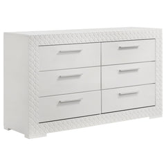 Elevate your bedroom decor with this stunning dresser, designed for both beauty and function. The high gloss finish enhances the contemporary Italian style, while the 3-dimensional diamond tile emboss adds a touch of sophistication. Six spacious drawers o