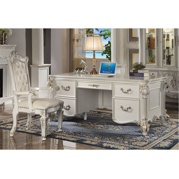  Oversized Executive Arm Chair Button Tufted Backrest (Inside) Nailhead Trim Padded Seat & Back: PU Cushion Wooden Leg & Backrest Trim: with Scrolled and Floral Moldings with Gold Brush Accent Finish (Stationary without Swivel) Chair will not fit compl