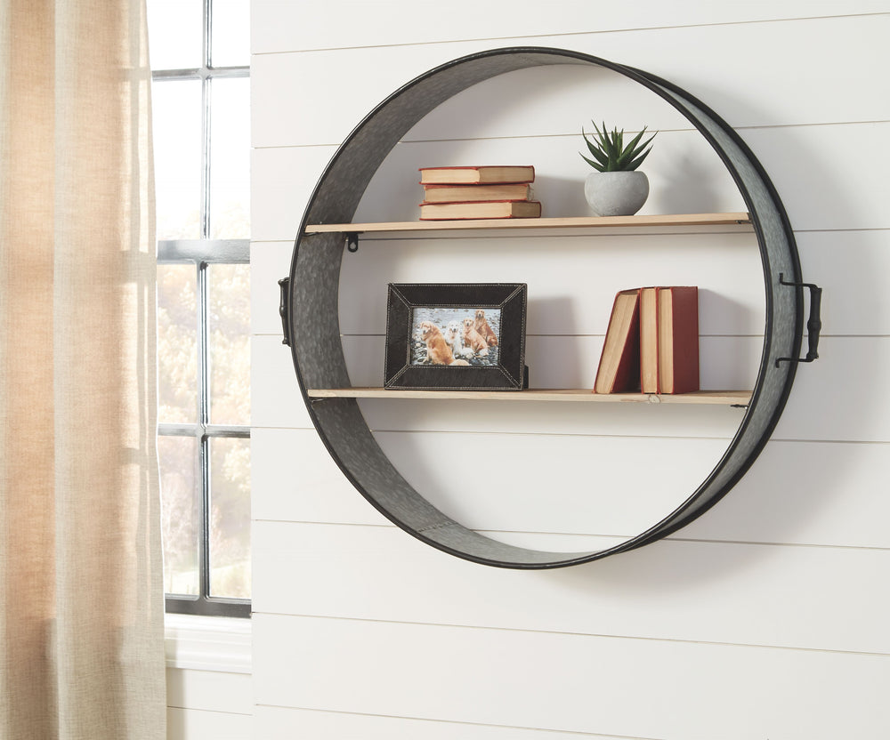 Create extra show-off space by hanging up this wall shelf. Its generously scaled barrel design with wooden shelves puts your decor on display with style. Galvanized metal adds an industrial feel to the look.<br><br><b>Additional Dimensions</b><br><ul><li>