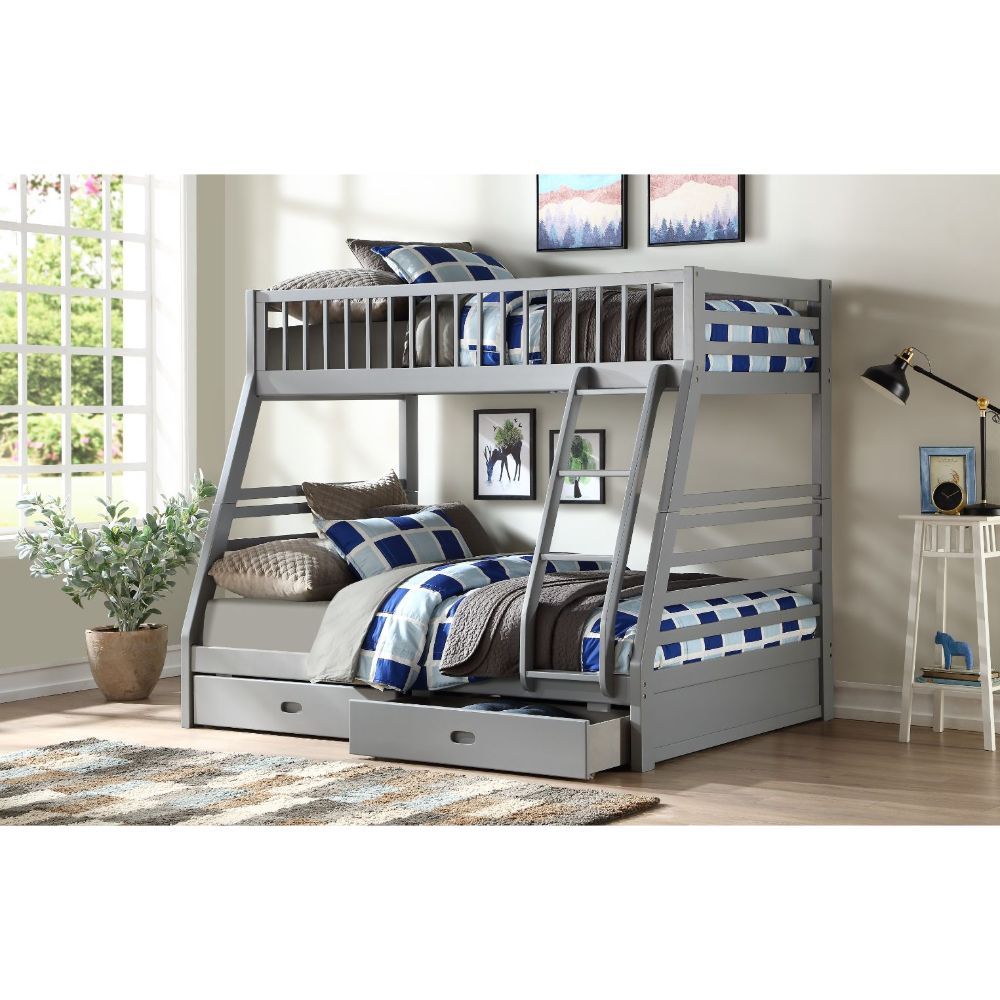 The Jason Bunk Bed is a great addition to any youth room. A twin upper bed and full size lower bed offer lots of space for sweet dreams. Carefully crafted with selected wood and veneers in rich, classic gray finish gives this piece a stylish look and make