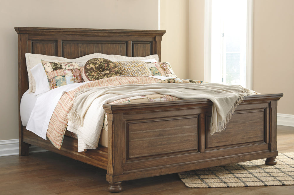 A fresh, new take on traditional style. This queen panel bed meets todayâ€™s design tastes with beauty and grace. Tobacco brown finish allows the natural grain of the acacia veneers to show through in an organic way. Profiled crown moulding adds depth to 
