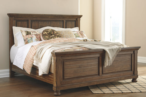 A fresh, new take on traditional style. This king panel bed meets todayâ€™s design tastes with beauty and grace. Tobacco brown finish allows the natural grain of the Acacia veneers to show through in an organic way. Profiled crown moulding adds depth to t