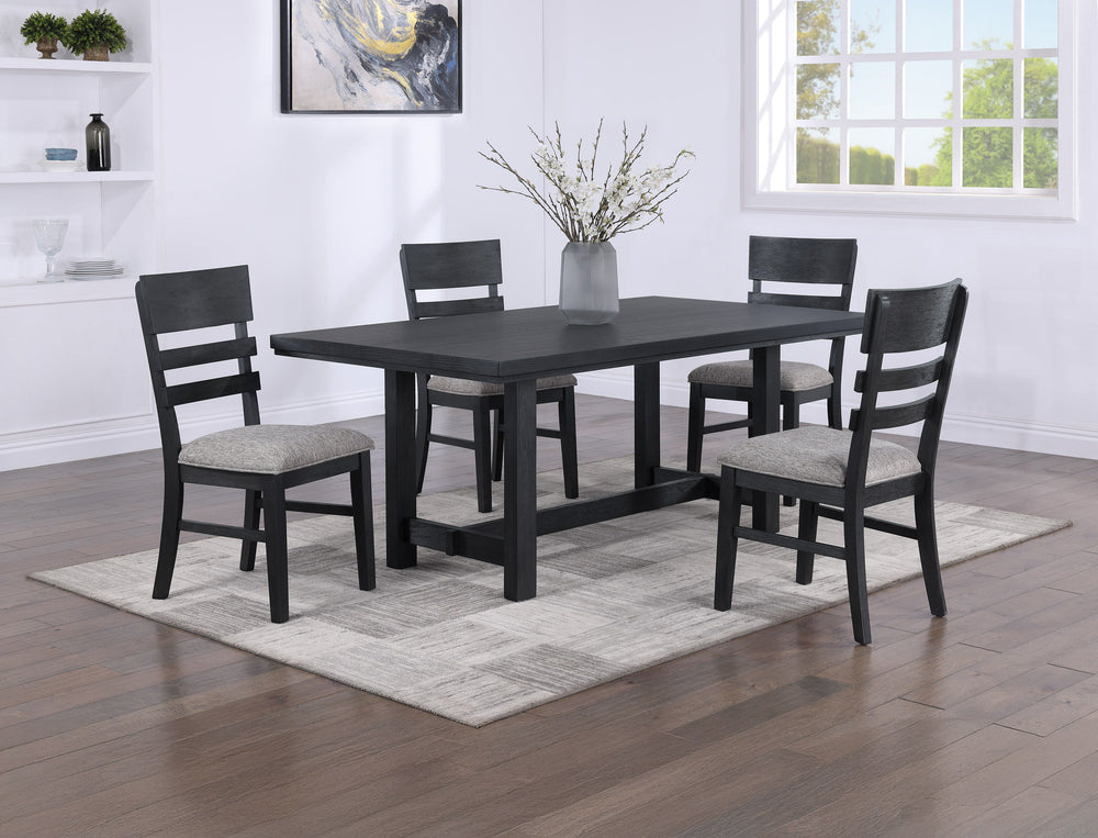 Elevate your dining experience with this contemporary dining group, where modern design meets rustic charm. Crafted with a rich, dark finish, the spacious rectangular table offers ample room for both intimate dinners and festive gatherings. The subtle gra