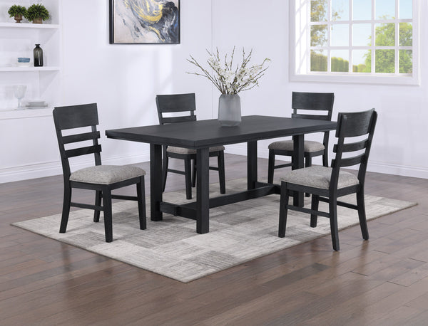 Elevate your dining experience with this contemporary dining group, where modern design meets rustic charm. Crafted with a rich, dark finish, the spacious rectangular table offers ample room for both intimate dinners and festive gatherings. The subtle gra