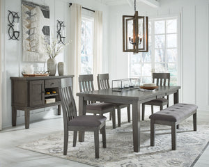 Casual lifestyle design. Made with hardwood solids, select Acacia veneer and engineered wood substrate. Finished with a trend-right antique gray color. D589-35 table features a thick sturdy top with self-storing butterfly leaf. D589-42 gathering table has