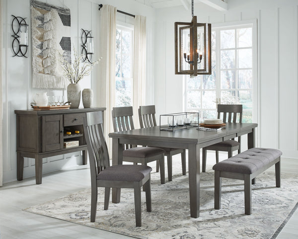 Casual lifestyle design. Made with hardwood solids, select Acacia veneer and engineered wood substrate. Finished with a trend-right antique gray color. D589-35 table features a thick sturdy top with self-storing butterfly leaf. D589-42 gathering table has