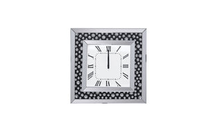 The Marku floating crystal wall clock, is sure to be focal point of any room. This stylish wall clock features a square mirror frame inlaid black floating crystals on a black background around the face. The clock face has a clean, modern look featuring ro