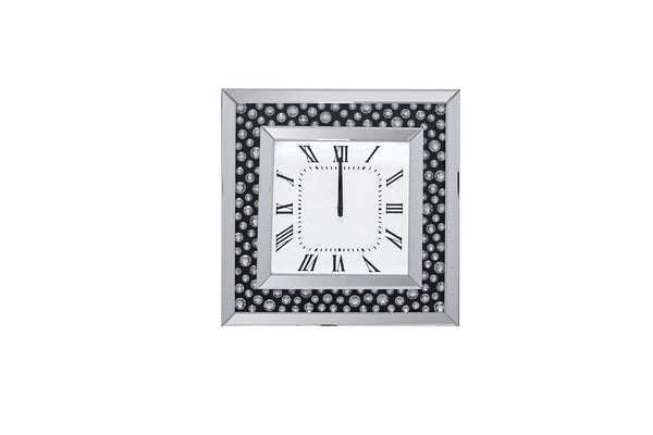 The Marku floating crystal wall clock, is sure to be focal point of any room. This stylish wall clock features a square mirror frame inlaid black floating crystals on a black background around the face. The clock face has a clean, modern look featuring ro