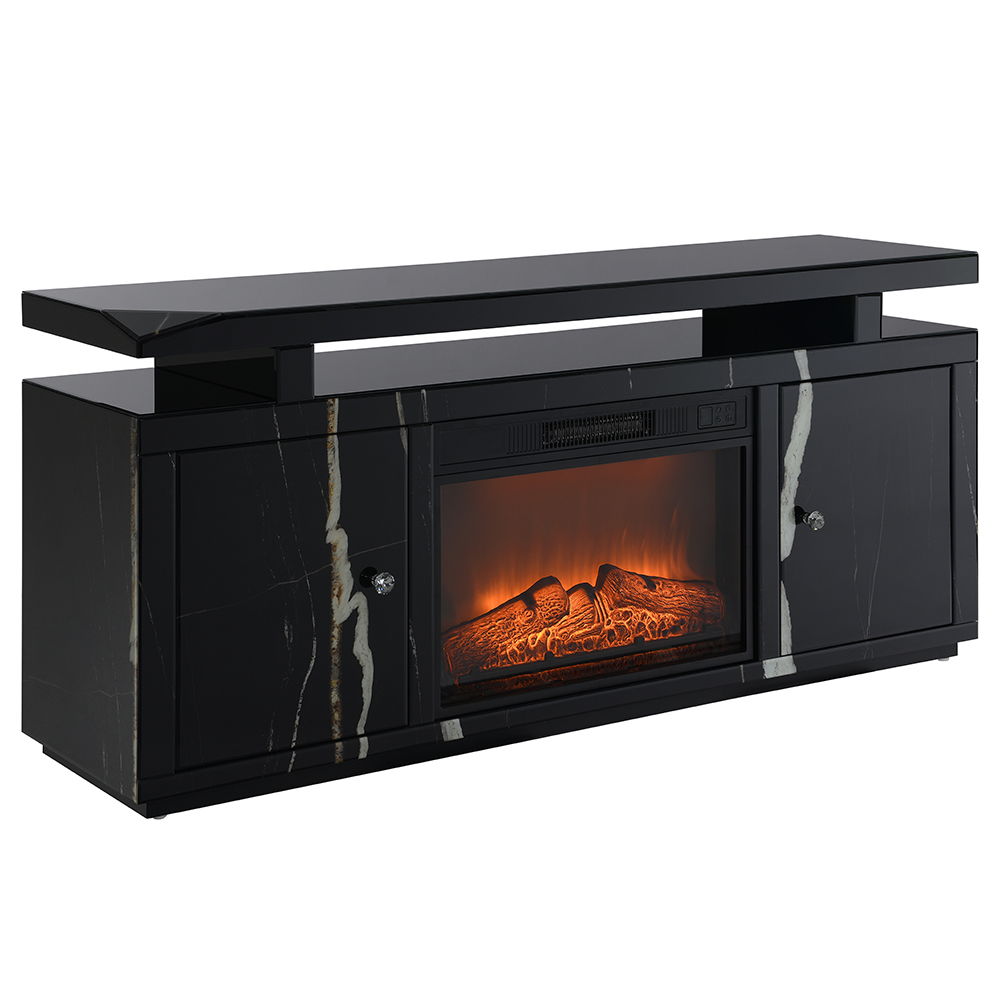 Drisana TV stand with fireplace offers a blend of contemporary luxury and practical functionality. Featuring a sleek black mirrored surface with a sophisticated marble grain design, this rectangular TV stand accommodates up to a 60-" flat panel. It includ