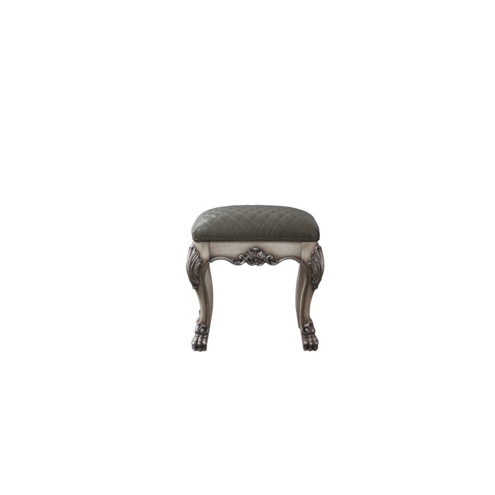 KD, Armless Stool (Backless) Stationary Seat Padded SEAT: PU () Raised Scrolled Moldings with Vintage Hand Brushed Contrast Finish (Poly-Resin) Backless Seat Construction: Wooden Scrolled Apron () Oversized Claw Leg Armless<br/><br/><b>Product Features</b