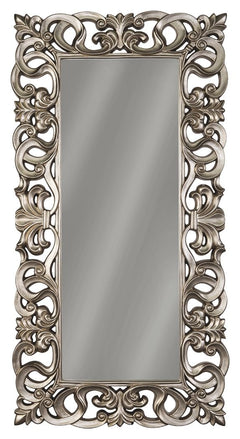 Exquisitely crafted for any glamour queen, this floor mirror is a splendid accent. Antique silver finish brings life to the ornate scroll design.<br><br><b>Additional Dimensions</b><br><ul><li>Inner mirror: 0-"</li></ul><br/><br/><b>Product Features</b><u
