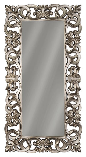 Exquisitely crafted for any glamour queen, this floor mirror is a splendid accent. Antique silver finish brings life to the ornate scroll design.<br><br><b>Additional Dimensions</b><br><ul><li>Inner mirror: 0-"</li></ul><br/><br/><b>Product Features</b><u