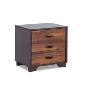 Modern and functional, the Eloy nightstand with easy metal glider runner will be a great addition to your bedroom or living room. Using a combination of walnut and espresso, this space-saving nightstand gives you three full-size drawers, each perfect for 