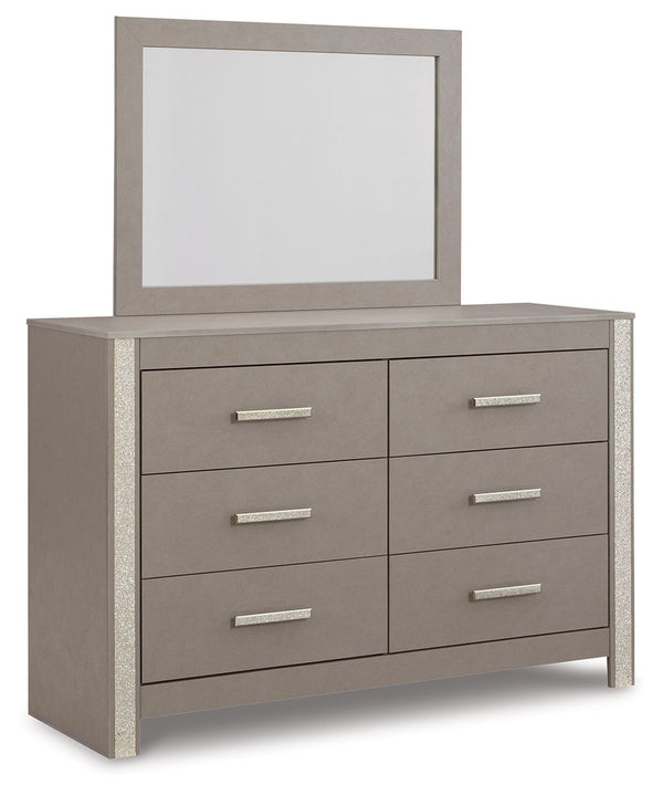 Love sleek and bold contemporary style? Drink in the beauty of this dresser with mirror. Its eye-catching details include glam glitter accents and the look of leather grain with a subtle gray finish. Large-scale linear handles, in a sophisticated champagn