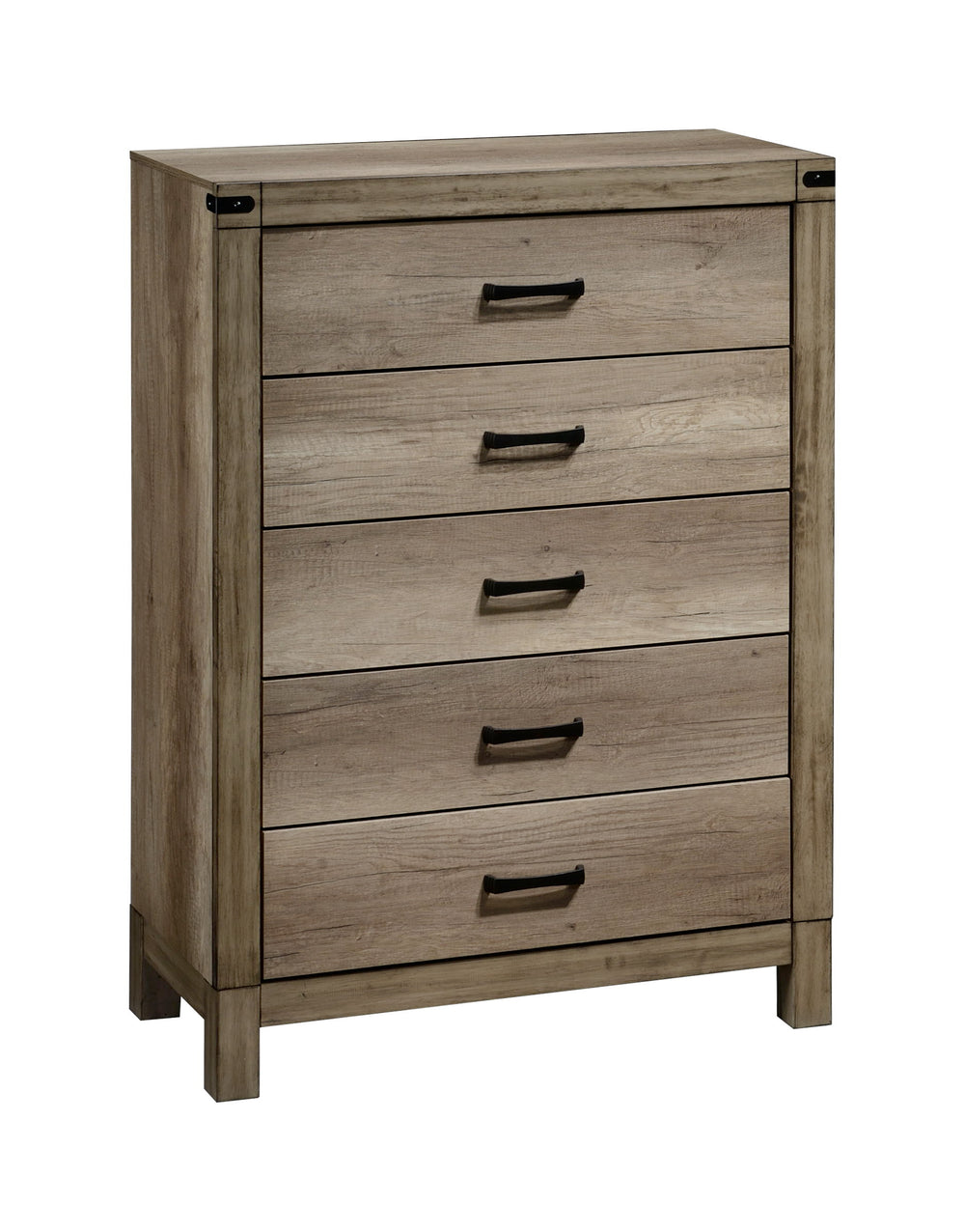 This modern bedroom collection features a clean-lined design with a stylish weathered gray finish. Sturdy and practical, each piece is equipped with ample storage and smooth metal hardware. The bed-'s bold headboard is a standout element, making it the fo