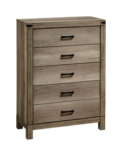 This modern bedroom collection features a clean-lined design with a stylish weathered gray finish. Sturdy and practical, each piece is equipped with ample storage and smooth metal hardware. The bed-'s bold headboard is a standout element, making it the fo