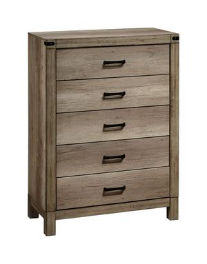 This modern bedroom collection features a clean-lined design with a stylish weathered gray finish. Sturdy and practical, each piece is equipped with ample storage and smooth metal hardware. The bed-'s bold headboard is a standout element, making it the fo