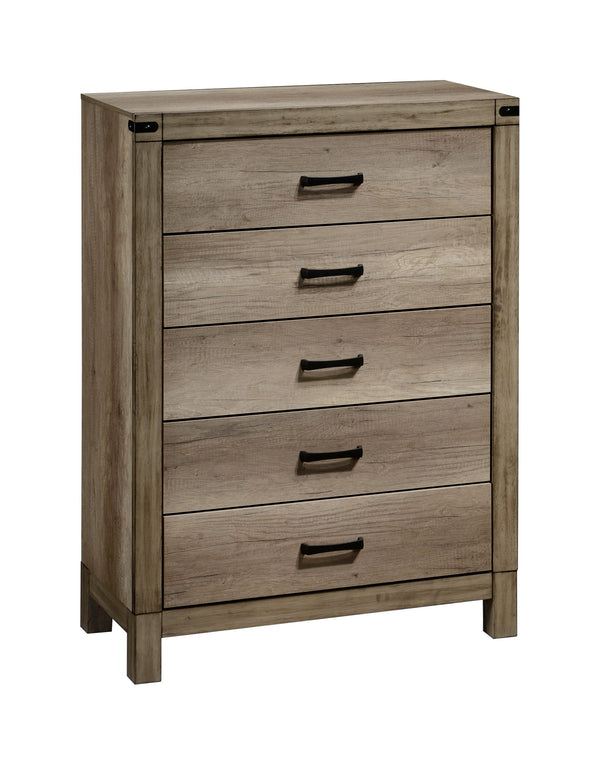 This modern bedroom collection features a clean-lined design with a stylish weathered gray finish. Sturdy and practical, each piece is equipped with ample storage and smooth metal hardware. The bed-'s bold headboard is a standout element, making it the fo