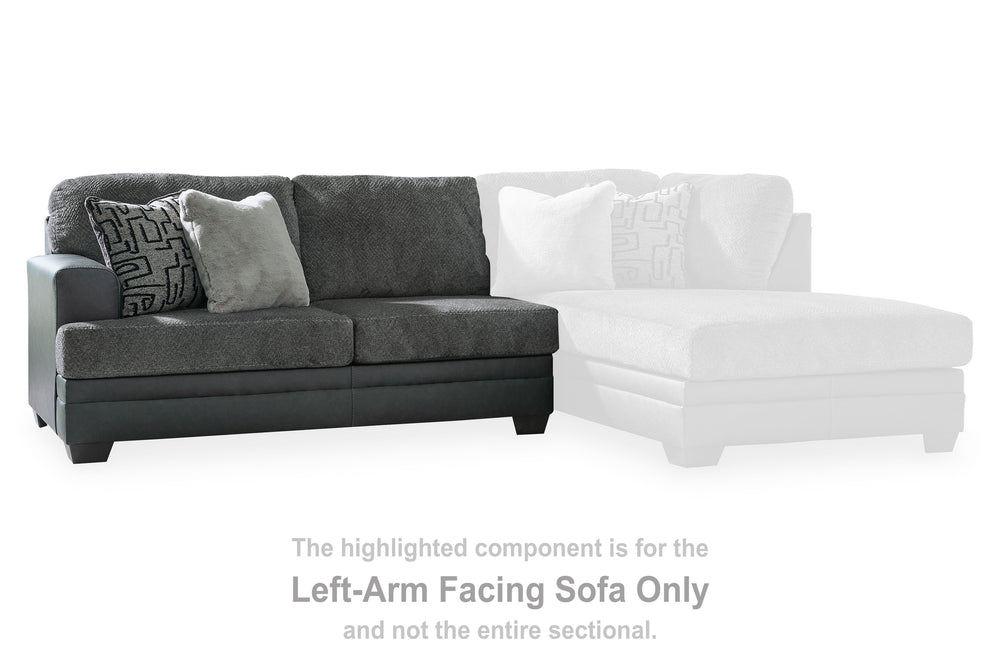 This left-arm facing sofa is made with polyester and faux leather upholstery. Pairs with other items in the series to make a sectional.<br><br><b>Additional Dimensions</b><br><ul><li>Arm height: 27-"</li><li>Seat depth: 23-"</li><li>Seat height: 21-"</li>