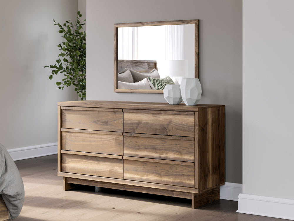 Nostalgic style, retooled for todayÐ²Ð‚â„¢s trends. This dresser with mirror puts an elevated twist on mod aesthetics. Its warm brown tones reflect the mid-century vibes you love, while the angular base incorporates contemporary motifs. Integrated drawer 