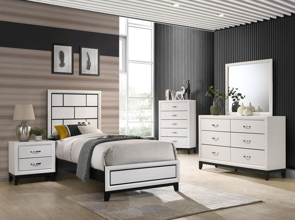 This contemporary bedroom set presents a crisp, clean look with its white finish and contrasting dark accents. The simple, straight lines and subtle details give it a modern edge. The bed features a paneled headboard that makes a statement without overwhe
