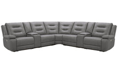 The Caldwell 6 piece modular reclining power sectional in Tahoe Fog is perfectly scaled for smaller spaces. Offering a neutral Tahoe Fog colored high-performance fabric cover, Caldwell features generously padded arms and USB charging in the easy-to-operat