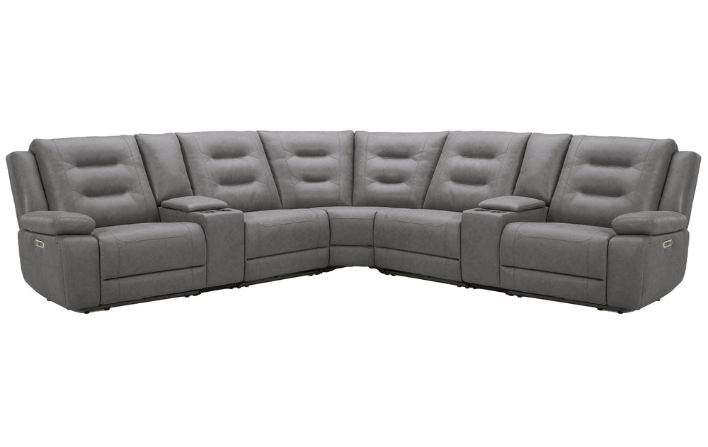 The Caldwell 6 piece modular reclining power sectional in Tahoe Fog is perfectly scaled for smaller spaces. Offering a neutral Tahoe Fog colored high-performance fabric cover, Caldwell features generously padded arms and USB charging in the easy-to-operat