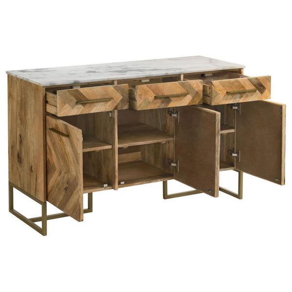  the cabinet features a bold chevron pattern that adds depth and character. A sleek marble top offers 